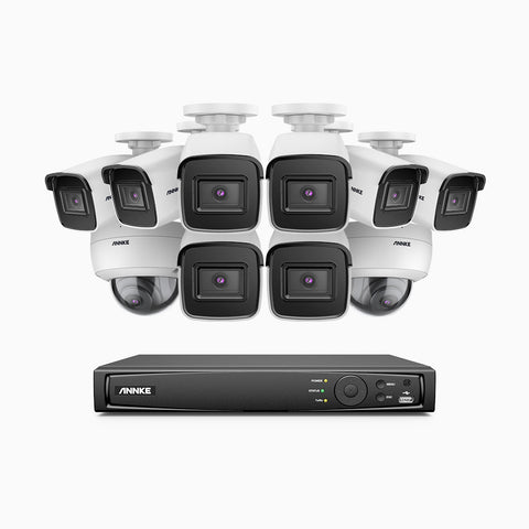 H800 - Kit videosorveglianza PoE 16 canali 8 MPX (4K), 8 telecamere bullet e 2 telecamere dome, resistente ai vandalismi IK10, visione notturna a colori e IR, microfono integrato, riconoscere di persone e veicoli, supporta ONVIF e RTSP