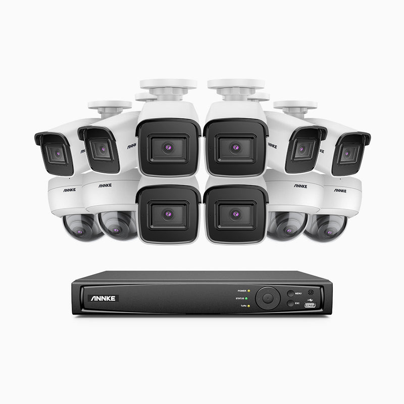 H800 - Kit videosorveglianza PoE 16 canali 8 MPX (4K), 8 telecamere bullet e 4 telecamere dome, resistente ai vandalismi IK10, visione notturna a colori e IR, microfono integrato, riconoscere di persone e veicoli, supporta ONVIF e RTSP