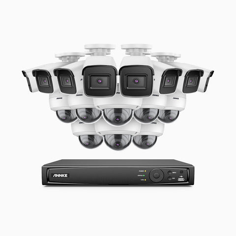 H800 - Kit videosorveglianza PoE 16 canali 8 MPX (4K), 8 telecamere bullet e 8 telecamere dome, resistente ai vandalismi IK10, visione notturna a colori e IR, microfono integrato, riconoscere di persone e veicoli, supporta ONVIF e RTSP