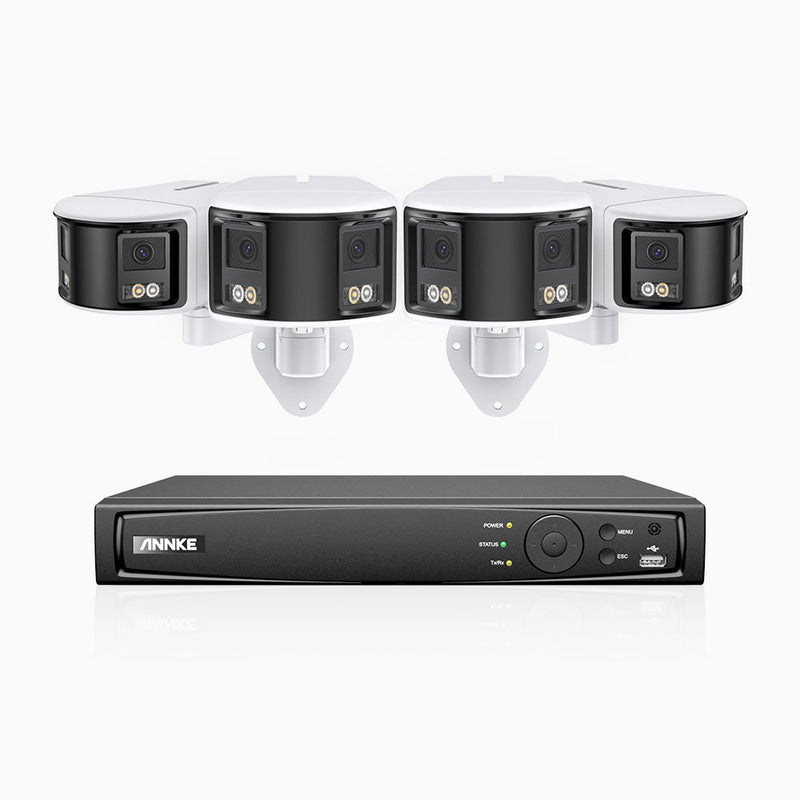 FDH600 - Kit videosorveglianza PoE 8 canali con 4 doppia lente telecamere 6 MPX, ultra grandangolo 180°, super apertura f/1.2, sensore BSI, visione notturna a colori, microfono incorporato