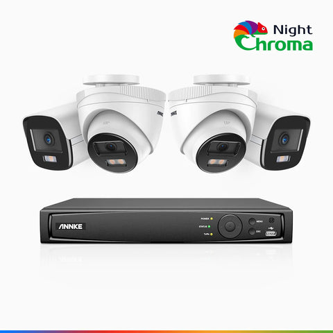 NightChroma<sup>TM</sup> NCK500 - Kit videosorveglianza PoE 8 canali 3K, 2 telecamere bullet e 2 telecamere turret, visione notturna a colori Acme, f/1.0 Super apertura, 0.001 Lux, allineamento attivo, microfono integrato, slot scheda MicroSD