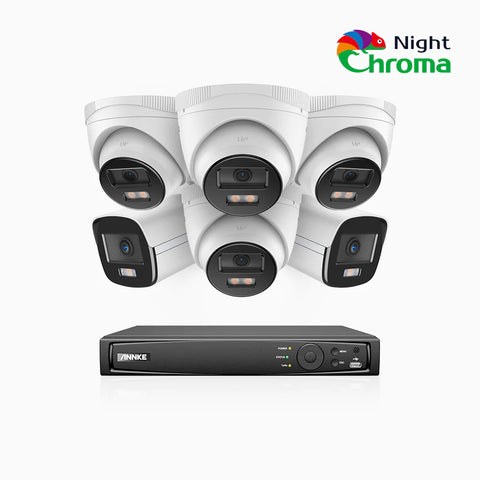 NightChroma<sup>TM</sup> NCK500 - Kit videosorveglianza PoE 8 canali 3K, 2 telecamere bullet e 4 telecamere turret, visione notturna a colori Acme, f/1.0 Super apertura, 0.001 Lux, allineamento attivo, microfono integrato, slot scheda MicroSD