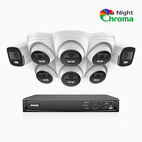 NightChroma<sup>TM</sup> NCK500 - Kit videosorveglianza PoE 8 canali 3K, 2 telecamere bullet e 6 telecamere turret, visione notturna a colori Acme, f/1.0 Super apertura, 0.001 Lux, allineamento attivo, microfono integrato, slot scheda MicroSD