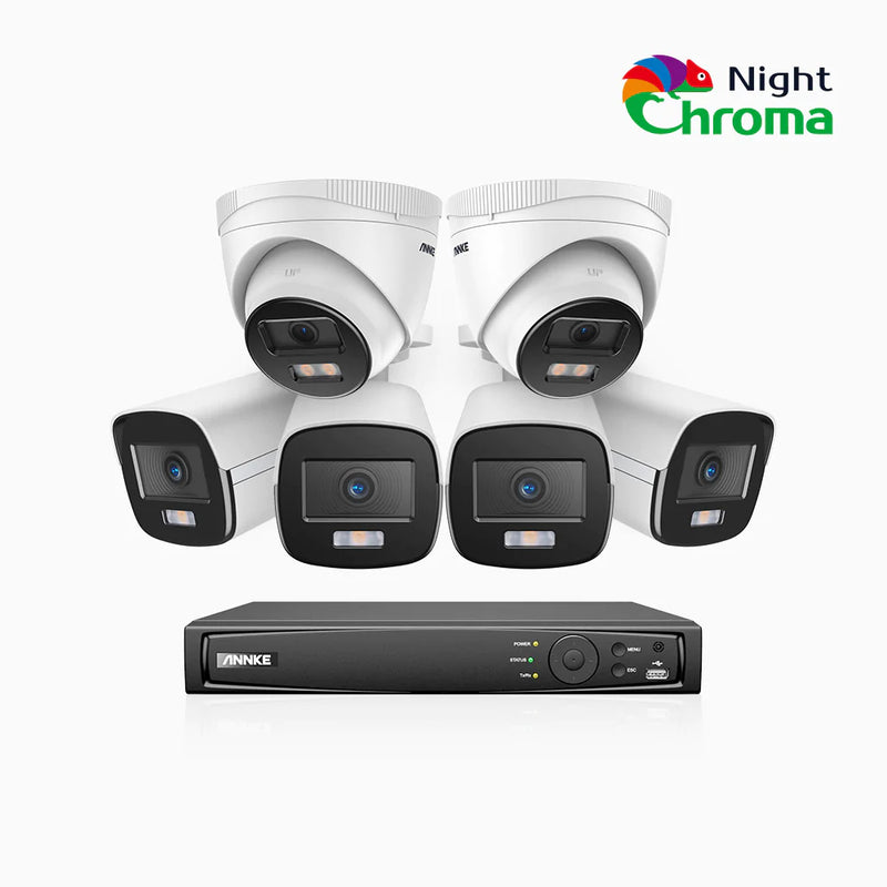 NightChroma<sup>TM</sup> NCK500 - Kit videosorveglianza PoE 8 canali 3K, 4 telecamere bullet e 2 telecamere turret, visione notturna a colori Acme, f/1.0 Super apertura, 0.001 Lux, allineamento attivo, microfono integrato, slot scheda MicroSD