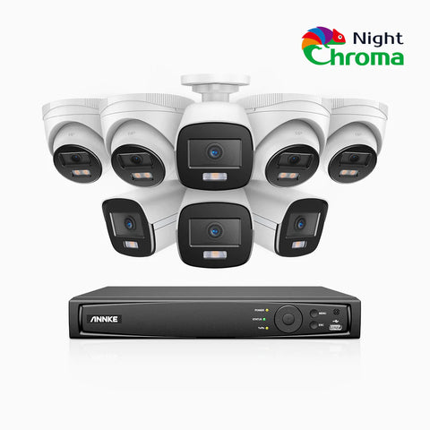 NightChroma<sup>TM</sup> NCK500 - Kit videosorveglianza PoE 16 canali 3K, 4 telecamere bullet e 4 telecamere turret, visione notturna a colori Acme, f/1.0 Super apertura, 0.001 Lux, allineamento attivo, microfono integrato, slot scheda MicroSD