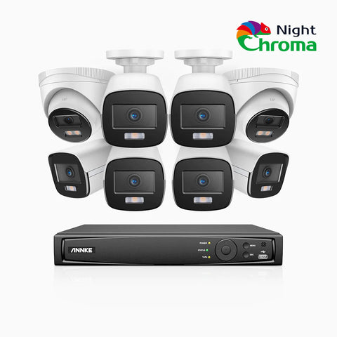 NightChroma<sup>TM</sup> NCK500 - Kit videosorveglianza PoE 8 canali 3K, 6 telecamere bullet e 2 telecamere turret, visione notturna a colori Acme, f/1.0 Super apertura, 0.001 Lux, allineamento attivo, microfono integrato, slot scheda MicroSD