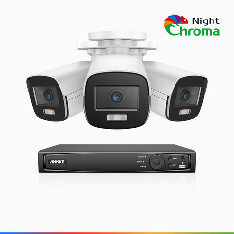 NightChroma<sup>TM</sup> NCK500 - Kit videosorveglianza PoE 8 canali con 3 telecamere 3K, visione notturna a colori Acme, f/1.0 Super apertura, 0.001 Lux, allineamento attivo, microfono integrato, slot scheda MicroSD