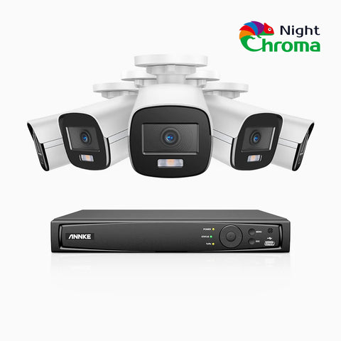NightChroma<sup>TM</sup> NCK500 - Kit videosorveglianza PoE 8 canali con 5 telecamere 3K, visione notturna a colori Acme, f/1.0 Super apertura, 0.001 Lux, allineamento attivo, microfono integrato, slot scheda MicroSD