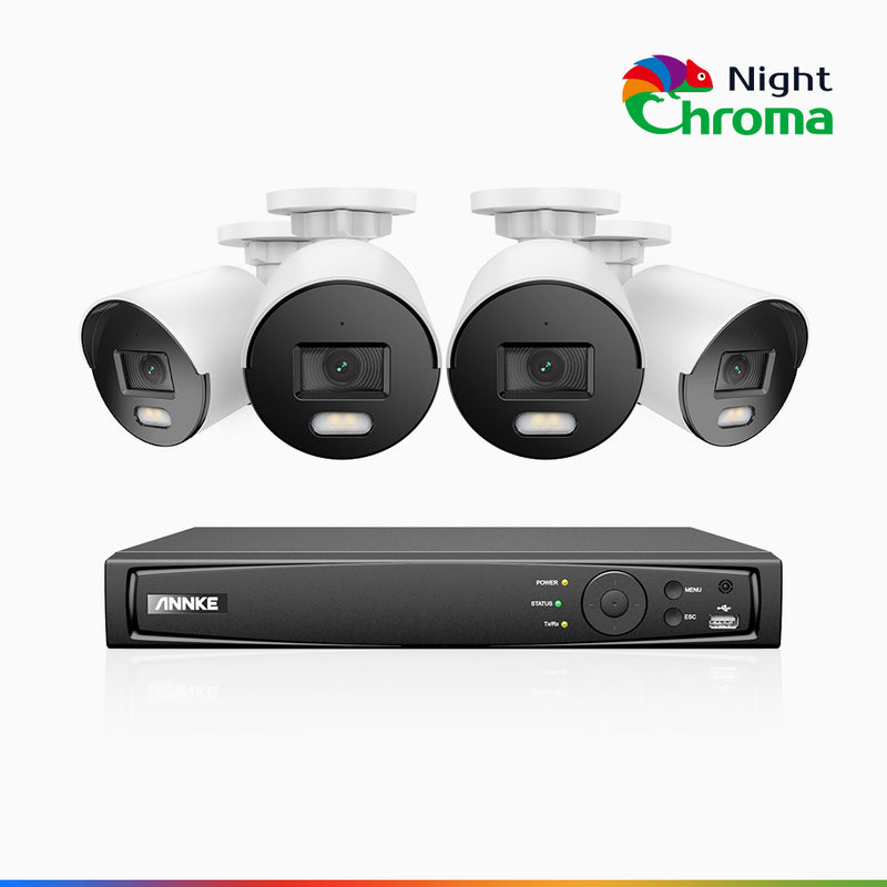 NightChroma<sup>TM</sup> NCK500 - Kit videosorveglianza PoE 8 canali con 4 telecamere 3K, visione notturna a colori Acme, f/1.0 Super apertura, 0.001 Lux, allineamento attivo, microfono integrato, slot scheda MicroSD