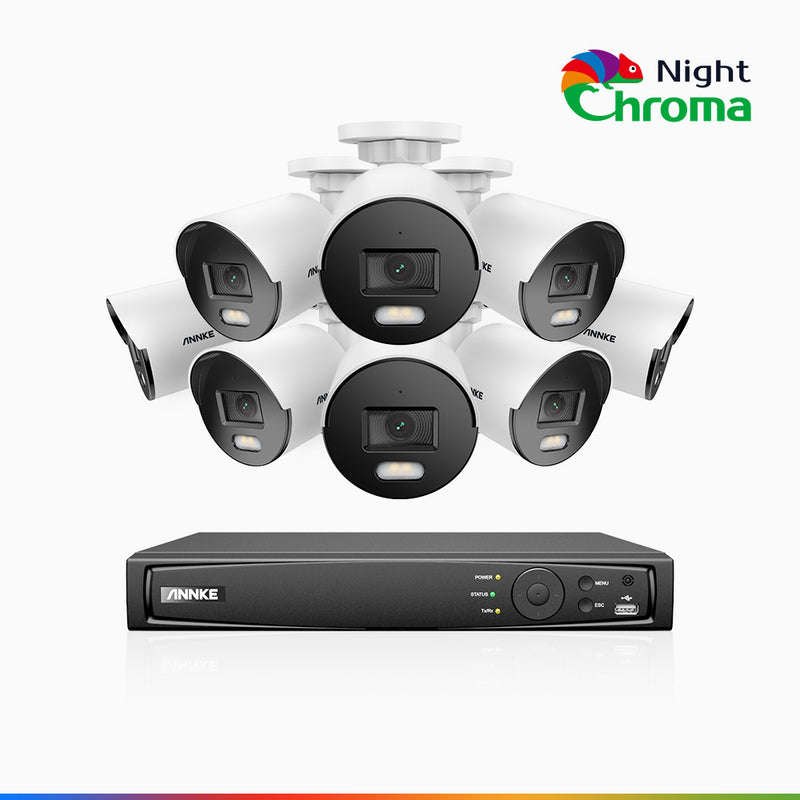 NightChroma<sup>TM</sup> NCK400 - Kit videosorveglianza PoE 8 canali con 8 telecamere 4 MPX, visione notturna a colori Acme, f/1.0 Super apertura, 0.001 Lux, allineamento attivo, microfono integrato, slot scheda MicroSD