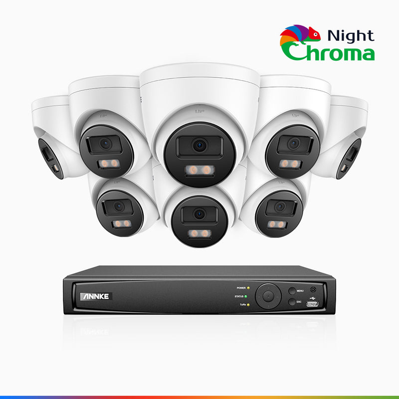 NightChroma<sup>TM</sup> NCK400 - Kit videosorveglianza PoE 8 canali con 8 telecamere 4 MPX, visione notturna a colori Acme, f/1.0 Super apertura, 0.001 Lux, allineamento attivo, microfono integrato, slot scheda MicroSD
