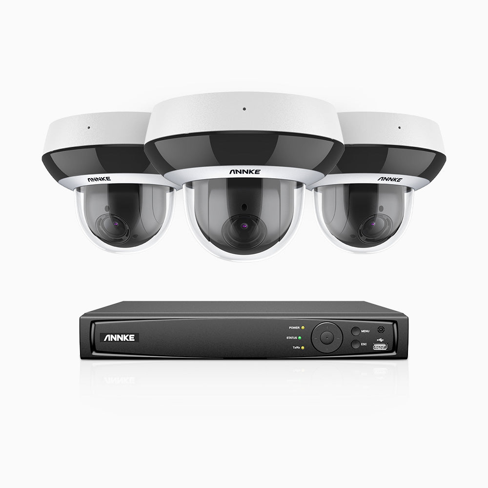 HCZ504 - Kit videosorveglianza PoE PTZ 8 canali con 3 telecamere 3K, zoom ottico 4X, resistente ai vandalismi IK10, obiettivo 2,8-12 mm, analisi intelligente del comportamento, visione notturna a colori e antiappannamento