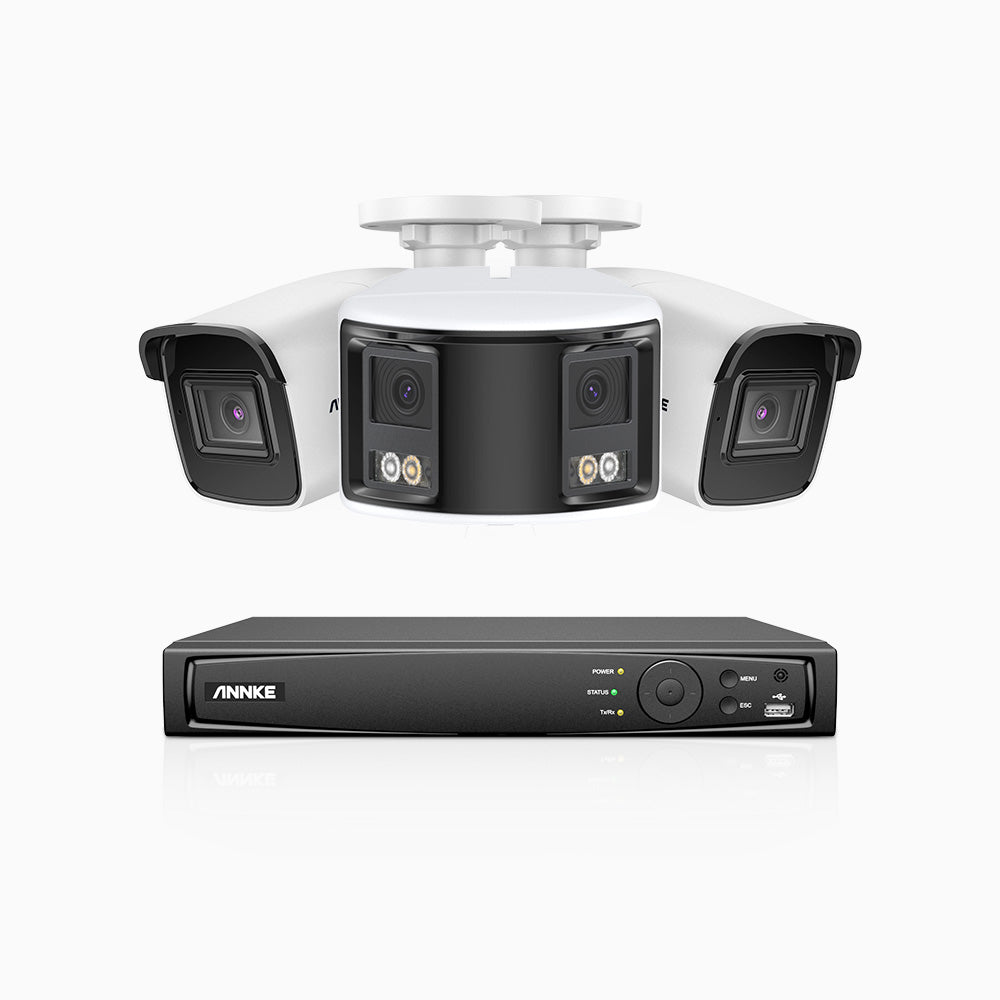 HDCK680 - Kit videosorveglianza PoE 8 canali con 2 telecamera 4K e 1 telecamera 6 MPX doppia lente(ultra grandangolo 180°), visione notturna a colori, microfono incorporato, riconoscere di persone e veicoli