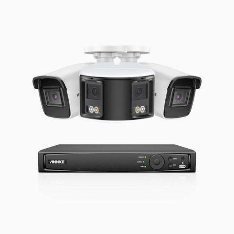 HDCK680 - Kit videosorveglianza PoE 8 canali con 2 telecamera 4K e 1 telecamera 6 MPX doppia lente(ultra grandangolo 180°), visione notturna a colori, microfono incorporato, riconoscere di persone e veicoli
