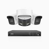 HDCK680 - Kit videosorveglianza PoE 8 canali con 2 telecamera 4K e 1 telecamera 6 MPX doppia lente(ultra grandangolo 180°), visione notturna a colori, microfono incorporato, riconoscere di persone e veicoli