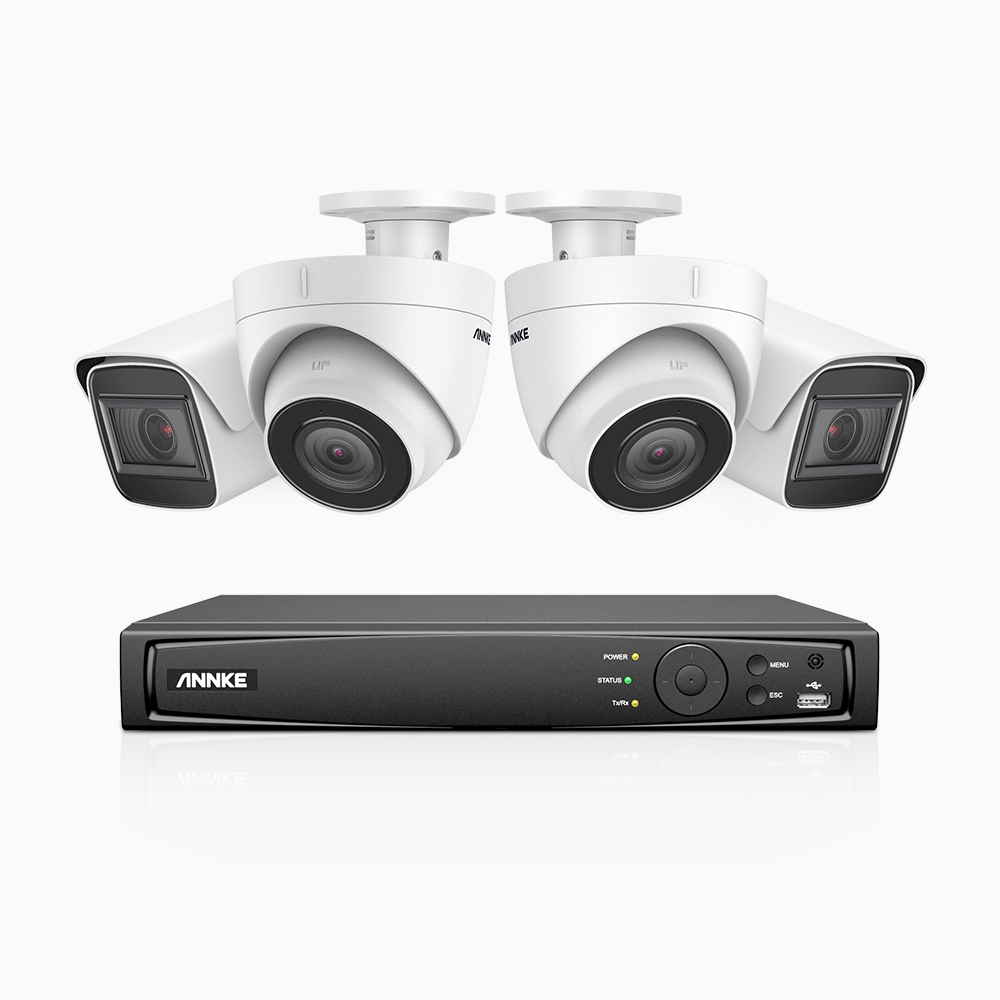 H800 - Kit videosorveglianza PoE 8 canali 8 MPX (4K), 2 telecamere bullet e 2 telecamere turret, visione notturna a colori e IR,microfono integrato, riconoscere di persone e veicoli, supporta ONVIF e RTSP