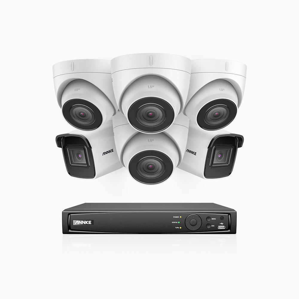 H800 - Kit videosorveglianza PoE 8 canali 8 MPX (4K), 2 telecamere bullet e 4 telecamere turret, visione notturna a colori e IR,microfono integrato, riconoscere di persone e veicoli, supporta ONVIF e RTSP