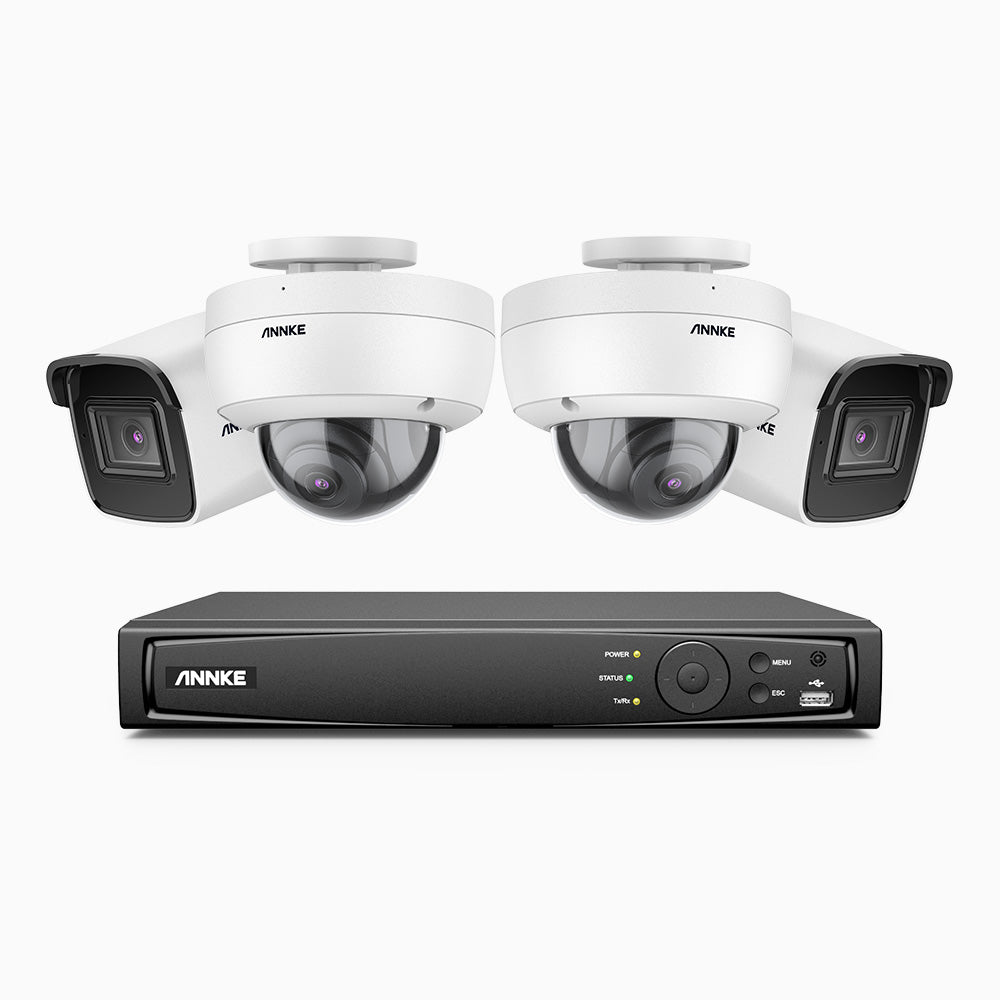 H800 - Kit videosorveglianza PoE 8 canali 8 MPX (4K), 2 telecamere bullet e 2 telecamere dome, resistente ai vandalismi IK10, visione notturna a colori e IR, microfono integrato, riconoscere di persone e veicoli, supporta ONVIF e RTSP