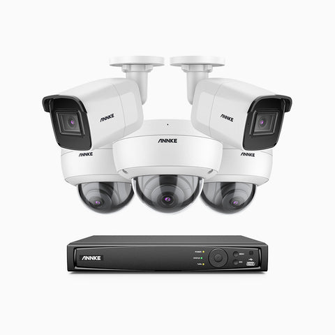 H800 - Kit videosorveglianza PoE 8 canali 8 MPX (4K), 2 telecamere bullet e 3 telecamere dome, resistente ai vandalismi IK10, visione notturna a colori e IR, microfono integrato, riconoscere di persone e veicoli, supporta ONVIF e RTSP