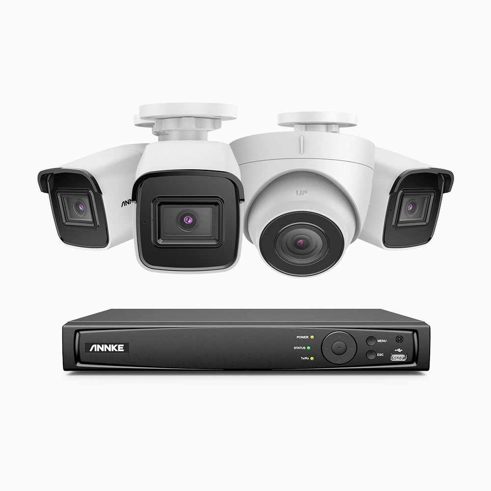 H800 - Kit videosorveglianza PoE 8 canali 8 MPX (4K), 3 telecamere bullet e 1 telecamera turret, visione notturna a colori e IR,microfono integrato, riconoscere di persone e veicoli, supporta ONVIF e RTSP