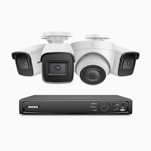 H800 - Kit videosorveglianza PoE 8 canali 8 MPX (4K), 3 telecamere bullet e 1 telecamera turret, visione notturna a colori e IR,microfono integrato, riconoscere di persone e veicoli, supporta ONVIF e RTSP