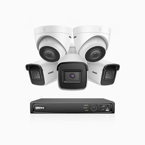 H800 - Kit videosorveglianza PoE 8 canali 8 MPX (4K), 3 telecamere bullet e 2 telecamere turret, visione notturna a colori e IR,microfono integrato, riconoscere di persone e veicoli, supporta ONVIF e RTSP