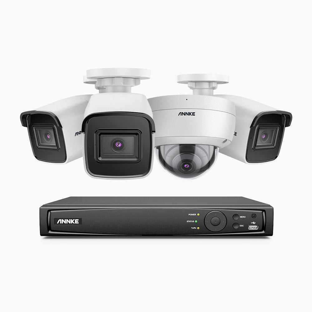 H800 - Kit videosorveglianza PoE 8 canali 8 MPX (4K), 3 telecamere bullet e 1 telecamera dome, resistente ai vandalismi IK10, visione notturna a colori e IR, microfono integrato, riconoscere di persone e veicoli, supporta ONVIF e RTSP