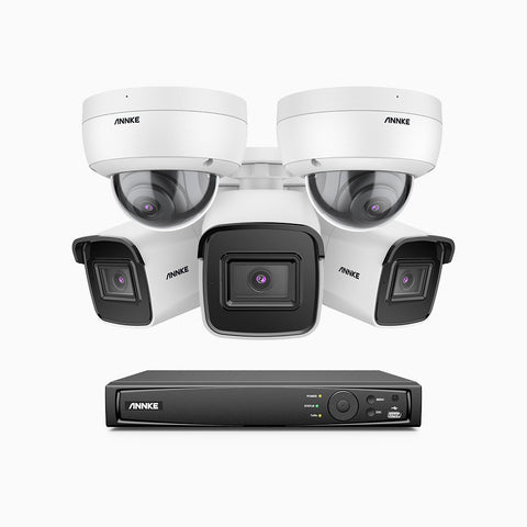 H800 - Kit videosorveglianza PoE 8 canali 8 MPX (4K), 3 telecamere bullet e 2 telecamere dome, resistente ai vandalismi IK10, visione notturna a colori e IR, microfono integrato, riconoscere di persone e veicoli, supporta ONVIF e RTSP