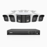 HDCK680 - Kit videosorveglianza PoE 8 canali con 4 telecamera 4K e 1 telecamera 6 MPX doppia lente(ultra grandangolo 180°), visione notturna a colori, microfono incorporato, riconoscere di persone e veicoli