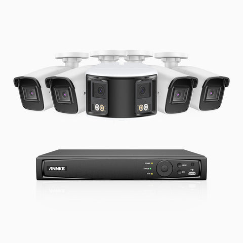 HDCK680 - Kit videosorveglianza PoE 8 canali con 4 telecamera 4K e 1 telecamera 6 MPX doppia lente(ultra grandangolo 180°), visione notturna a colori, microfono incorporato, riconoscere di persone e veicoli