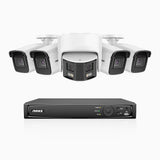 HDCK680 - Kit videosorveglianza PoE 8 canali con 4 telecamera 4K e 1 telecamera 6 MPX doppia lente(ultra grandangolo 180°), visione notturna a colori, microfono incorporato, riconoscere di persone e veicoli