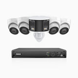 HDCK680 - Kit videosorveglianza PoE 8 canali con 4 telecamera 4K e 1 telecamera 6 MPX doppia lente(ultra grandangolo 180°), visione notturna a colori, microfono incorporato, riconoscere di persone e veicoli