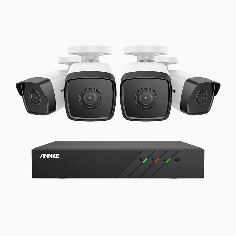 H500 - Kit videosorveglianza PoE 8 canali con 4 telecamere 5 MPX, EXIR Visione Notturna, microfono integrato, IP67, supporta ONVIF e RTSP