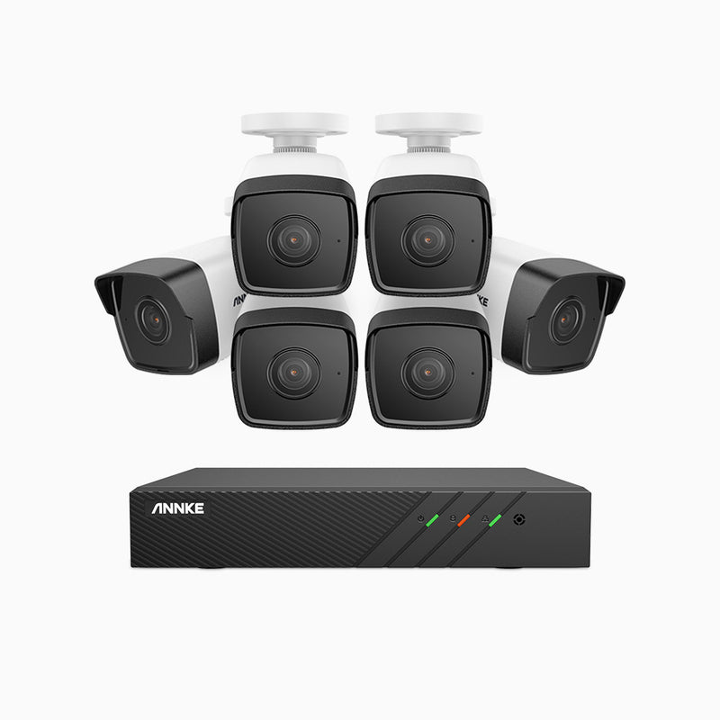 H500 - Kit videosorveglianza PoE 8 canali con 6 telecamere 5 MPX, EXIR Visione Notturna, microfono integrato, IP67, supporta ONVIF e RTSP