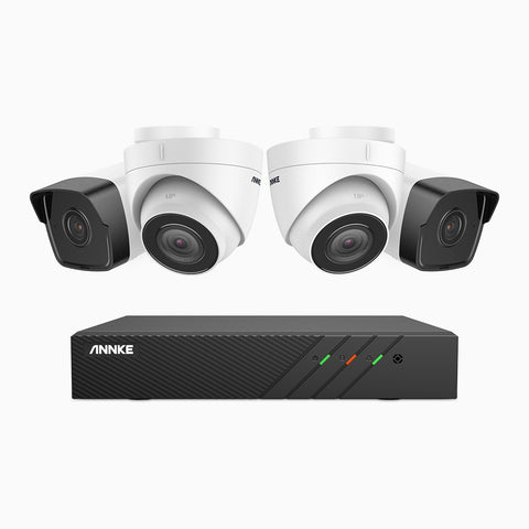 H500 - Kit videosorveglianza PoE 8 canali 5 MPX, 2 telecamere bullet e 2 telecamere turret, EXIR Visione Notturna, microfono integrato, IP67, supporta ONVIF e RTSP