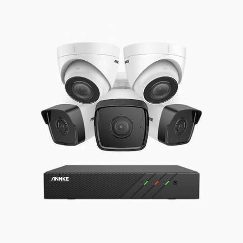 H500 - Kit videosorveglianza PoE 8 canali 5 MPX, 3 telecamere bullet e 2 telecamere turret, EXIR Visione Notturna, microfono integrato, IP67, supporta ONVIF e RTSP