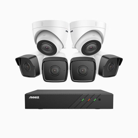 H500 - Kit videosorveglianza PoE 8 canali 5 MPX, 4 telecamere bullet e 2 telecamere turret, EXIR Visione Notturna, microfono integrato, IP67, supporta ONVIF e RTSP