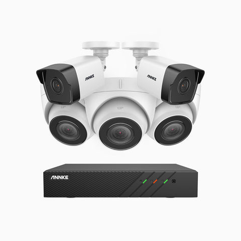 H500 - Kit videosorveglianza PoE 8 canali 5 MPX, 2 telecamere bullet e 3 telecamere turret, EXIR Visione Notturna, microfono integrato, IP67, supporta ONVIF e RTSP