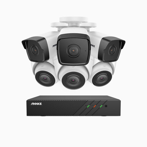 H500 - Kit videosorveglianza PoE 8 canali 5 MPX, 3 telecamere bullet e 3 telecamere turret, EXIR Visione Notturna, microfono integrato, IP67, supporta ONVIF e RTSP