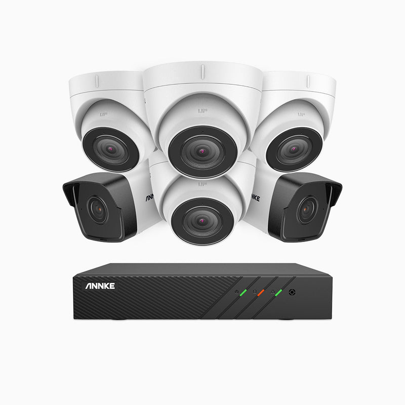 H500 - Kit videosorveglianza PoE 8 canali 5 MPX, 2 telecamere bullet e 4 telecamere turret, EXIR Visione Notturna, microfono integrato, IP67, supporta ONVIF e RTSP