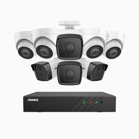 H500 - Kit videosorveglianza PoE 8 canali 5 MPX, 4 telecamere bullet e 4 telecamere turret, EXIR Visione Notturna, microfono integrato, IP67, supporta ONVIF e RTSP