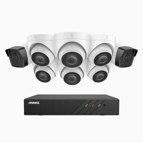 H500 - Kit videosorveglianza PoE 8 canali 5 MPX, 2 telecamere bullet e 6 telecamere turret, EXIR Visione Notturna, microfono integrato, IP67, supporta ONVIF e RTSP