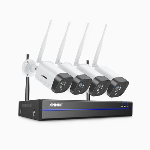 WAS500 - Kit videosorveglianza wireless 8 canali con 4 telecamere 5 MPX, Visione notturna EXIR, audio bidirezionale, microfono integrato, Compatibile con Alexa, IP66
