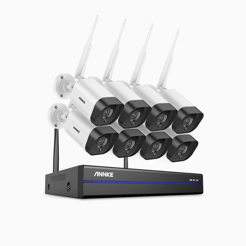 WAS500 - Kit videosorveglianza wireless 8 canali con 8 telecamere 5 MPX, Visione notturna EXIR, audio bidirezionale, microfono integrato, Compatibile con Alexa, IP66