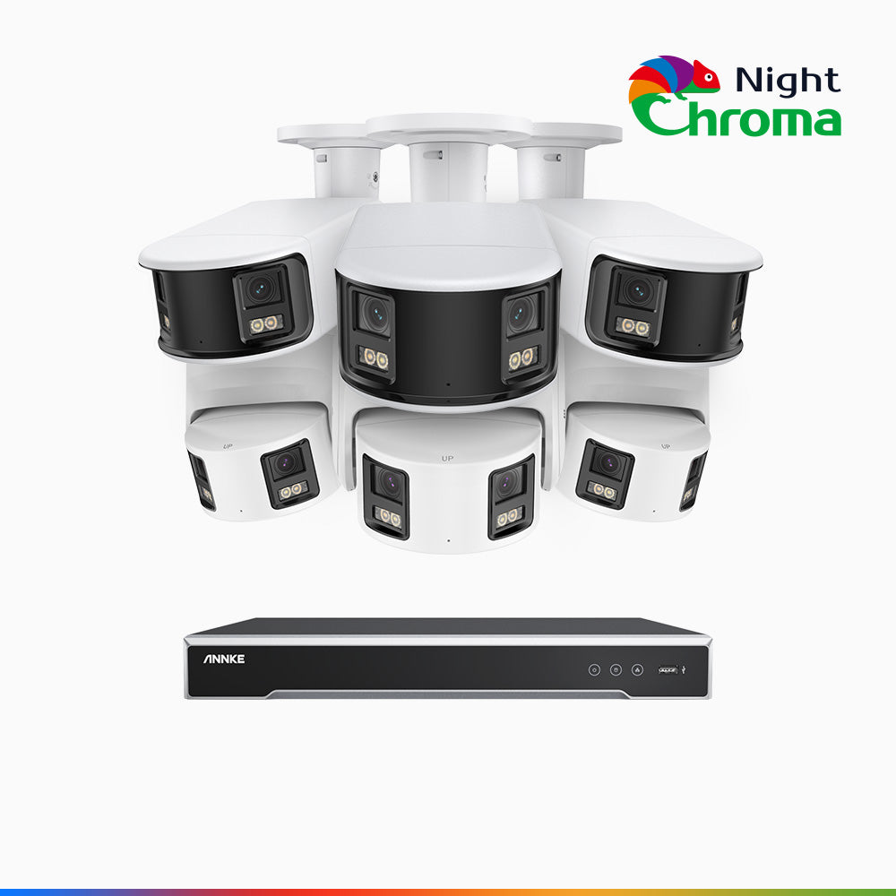 NightChroma<sup>TM</sup> NDK800 – Kit videosorveglianza 8 canali PoE Dual Lens 4K, 3 telecamere bullet e 3 telecamere turret, f/1.0 Super Aperture, Acme Color Night Vision, Active Siren and Strobe, Human & Vehicle Detection, Intelligent Behavior Analysis