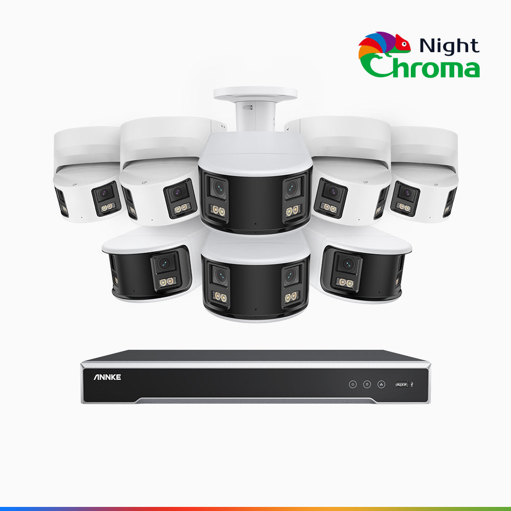 NightChroma<sup>TM</sup> NDK800 – Kit videosorveglianza 8 canali PoE Dual Lens 4K, 4 telecamere bullet e 4 telecamere turret, f/1.0 Super Aperture, Acme Color Night Vision, Active Siren and Strobe, Human & Vehicle Detection, Intelligent Behavior Analysis