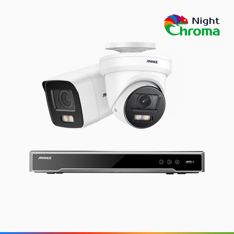 NightChroma<sup>TM</sup> NCK800 - Kit videosorveglianza PoE 8 canali 4 MPX, 1 telecamere bullet e 1 telecamere turret, Telecamera di Sicurezza IP 4K UHD Visione Notturna Full Color con Straordinaria Apertura f/1.0, Compatibile con Alexa (I91BQ)