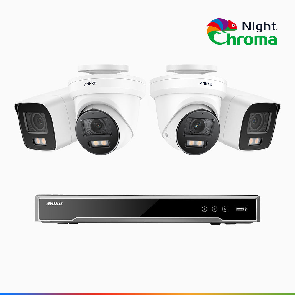 NightChroma<sup>TM</sup> NCK800 - Kit videosorveglianza PoE 8 canali 4K, 2 telecamere bullet e 2 telecamere turret, Telecamera di Sicurezza IP 4K UHD Visione Notturna Full Color con Straordinaria Apertura f/1.0, Compatibile con Alexa (I91BQ)