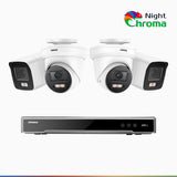 NightChroma<sup>TM</sup> NCK800 - Kit videosorveglianza PoE 8 canali 4K, 2 telecamere bullet e 2 telecamere turret, Telecamera di Sicurezza IP 4K UHD Visione Notturna Full Color con Straordinaria Apertura f/1.0, Compatibile con Alexa (I91BQ)