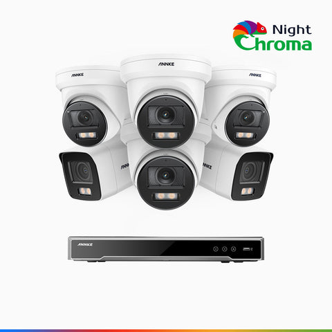 NightChroma<sup>TM</sup> NCK800 - Kit videosorveglianza PoE 8 canali 4 MPX, 3 telecamere bullet e 3 telecamere turret, Telecamera di Sicurezza IP 4K UHD Visione Notturna Full Color con Straordinaria Apertura f/1.0, Compatibile con Alexa (I91BQ)